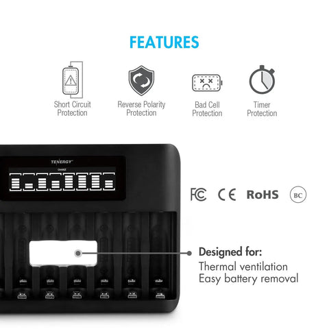 Front view of 8 Bay LCD Fast Charger for NiMH NiCD AA and AAA batteries showing features icons and eight charging slots.