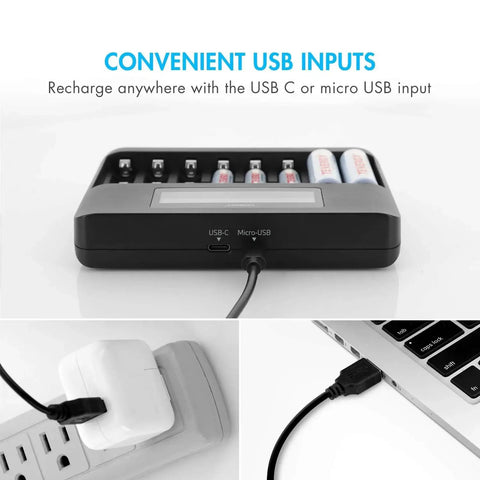 Front view of 8 Bay LCD Fast Charger for NiMH NiCD AA and AAA Batteries with 1000mAh AAA Pack, showing USB inputs and charging setup.