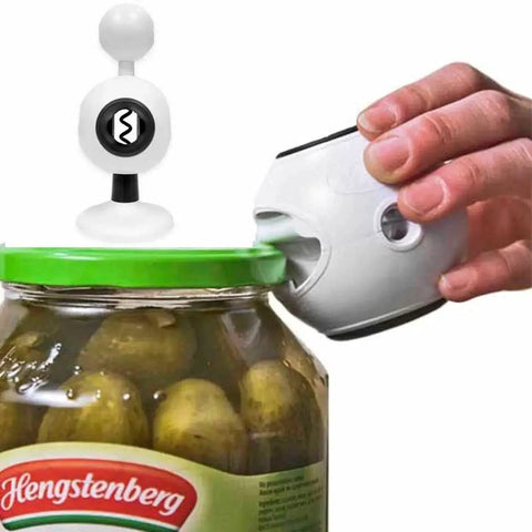 Hand using 8-In-1 Multi-Function Kitchen Opener With Jar Opener on pickle jar, ergonomic non-slip handle, white durable construction.