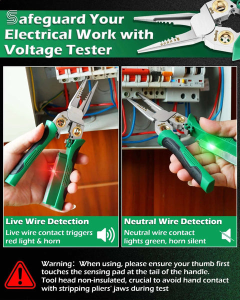 8 In 1 Wire Stripper With Voltage Tester For 10-18 AWG Wires, in use detecting live and neutral wires in electrical panel