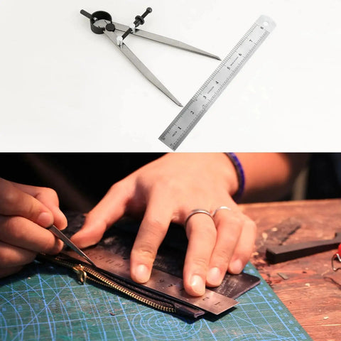 8 Inch Adjustable Leather Compass And 8 Inch Steel Ruler Drafting Set For Leather Work, including use on a zipper.