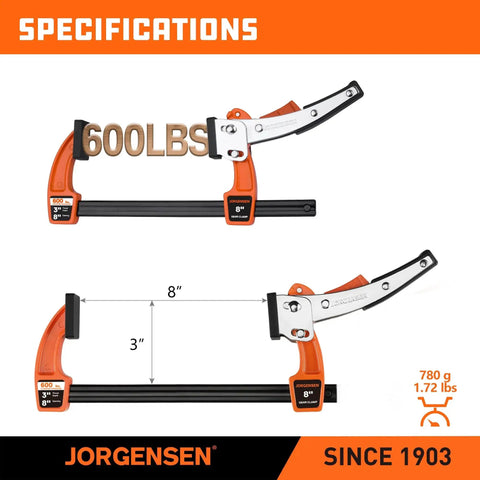 Beefy 8 Inch Bar Clamp Set With Quick Release For Woodworking Projects 600 Pound Load Capacity Rapid Action Gear Clamps One Hand Operation Minimal Movement When Tightening Durable Aluminum Construction Jorgensen, showing clamp dimensions and 600 lb load capacity.