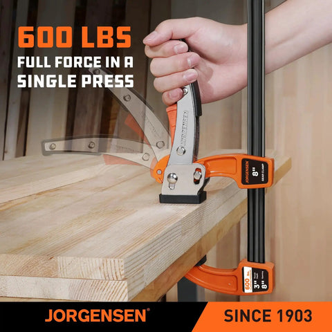 Beefy 8 Inch Bar Clamp Set With Quick Release For Woodworking Projects 600 Pound Load Capacity being used on wood