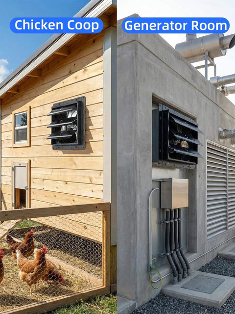 Side view of 8 Inch Shutter Exhaust Fan With 760 CFM High Speed Wall Mounted Ventilation for chicken coop and generator room.