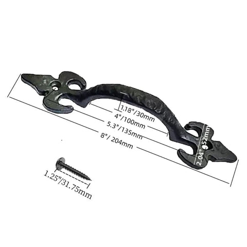 8 Inch Hammered Cast Iron Door Handle Heavy Duty Barn Door Pull For Gates Sheds And Cabinets With Rustic Black Grip, dimensions shown