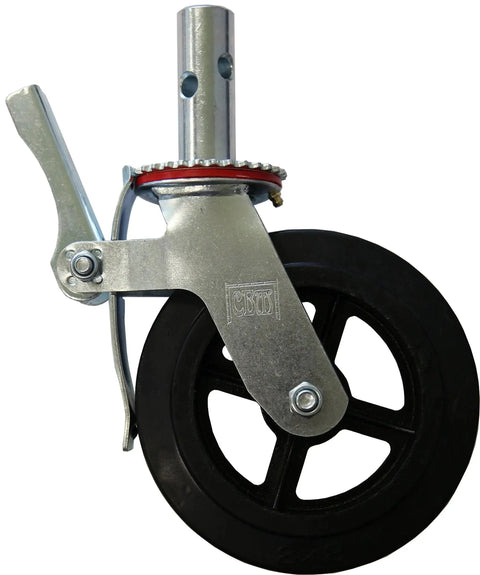 Side view of heavy-duty caster wheel, part of Set Of Four Eight Inch Caster Wheels With Cast Iron Hubs And Locking Brakes CBM1290.