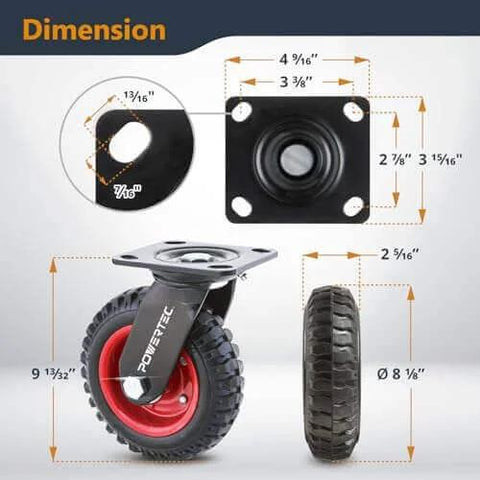 Dimensions of 8 inch caster wheels set of 2 with heavy duty all-terrain design and knobby rubber tread casters.