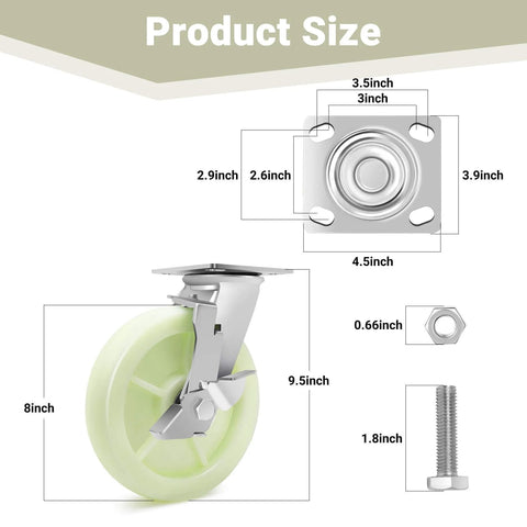Product size diagram of Heavy Duty Caster Wheels 8 Inch - 6000 LBS, PP Plate Castor Set of 4 with Double Ball Bearings, non-marking swivel casters