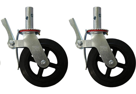 Side view of Set Of Four Eight Inch Caster Wheels With Cast Iron Hubs And Locking Brakes CBM1290 Heavy Duty 1100 Pound Load Capacity One And Three Eighths Inch Stem Fits Two Hole Mounting For Two Inch And Two And A Half Inch Tubes Swivel 360 Degree