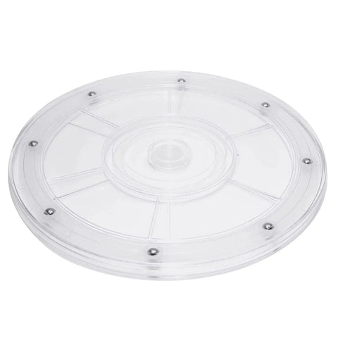 Clear round acrylic turntable organizer with steel ball bearings, ideal for kitchen spice rack or cake decorating; 8-inch diameter.