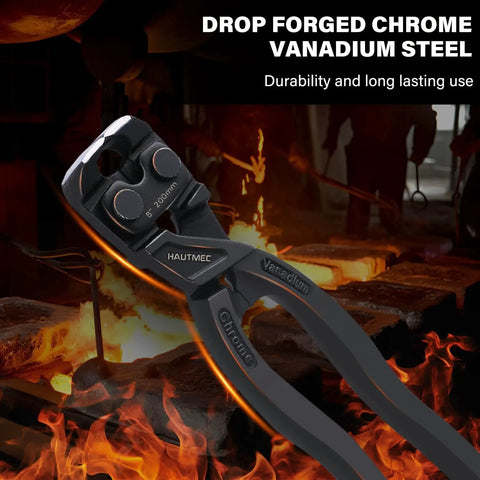 High Leverage 8 Inch Nail Puller Pliers Tool With Anti Slip Grip For Nail Removal In Tight Spaces CRV Steel End Cutting Pliers displayed with furnace backdrop