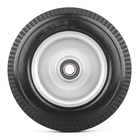 8-inch flat-free tire, 2.50-4 solid tire and wheel, 5/8" bearings, 2.2" offset hub for hand truck garden wagon trolley, front view
