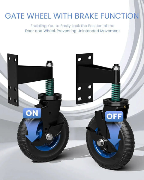 2 Pack 8 Inch Fence Gate Wheels With 360 Degree Rotation Spring Loaded Heavy Duty Gate Caster For Metal Tube Gates 550 Pound Capacity Rolling Gate Wheels Ideal For Smooth Operation On Farm Fence And Industrial Entrances, shown with brake function