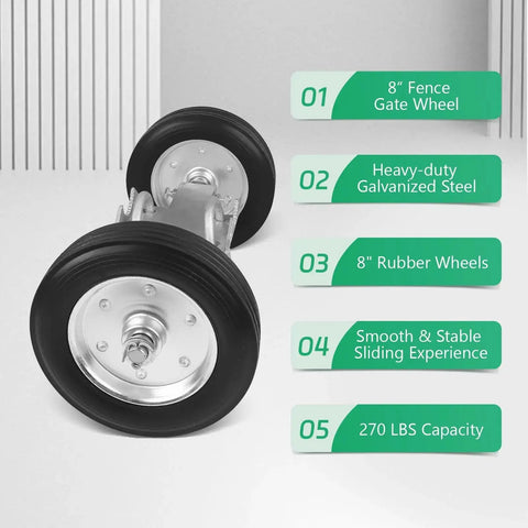 8 Inch Heavy Duty Gate Wheel with hard rubber tread and adjustable steel U bolts, side view showcasing its design and materials.