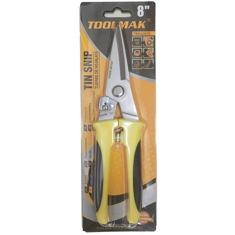8 Inch Heavy Duty Aviation Tin Snips With Stainless Steel Blade And Comfort Grips For Straight Cutting, packaged view