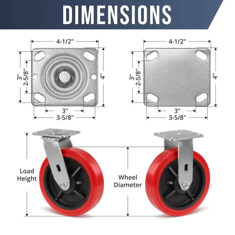 Diagram showing dimensions of 8 Inch Industrial Caster Set Of 4 With Polyurethane On Polypropylene Wheels, Heavy Duty Casters.
