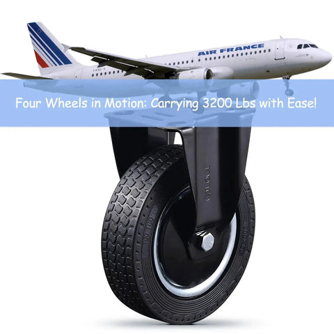 8 Inch Heavy Duty Caster Wheels Set Of 4 With 2 Swivel And 2 Fixed Industrial Rubber Casters 3200 Lbs Capacity For Utility Carts Workbenches Warehouse Equipment Trucks And Dolly Includes Mounting Hardware, showing a close-up of a caster wheel with textured rubber and metal frame, airplane above for scale.