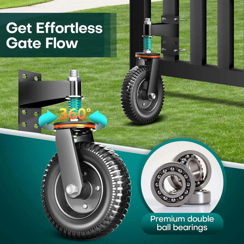 8 inch heavy duty fence gate wheel anti sag support with spring loaded gate caster installed, showcasing dual mount option and 360-degree rotation.