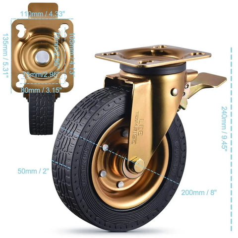 8 Inch Heavy Duty Casters Set Of 4 With 2 Locking Swivel And 2 Non Locking Swivel 3200 Lbs Capacity Large Solid Rubber Wheels