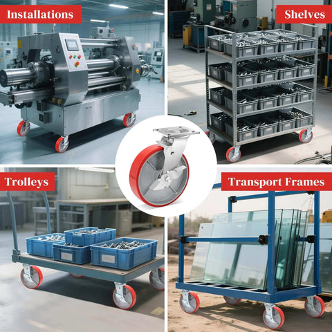 8 inch heavy duty industrial locking casters set of 4 with polyurethane swivel plate design, casters with brakes rated 6000 lbs mounted on various equipment.