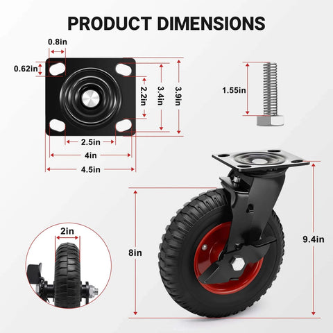 8 inch outdoor heavy duty rubber caster wheels designed for rough terrain, industrial swivel casters with brake for dimensions and details.