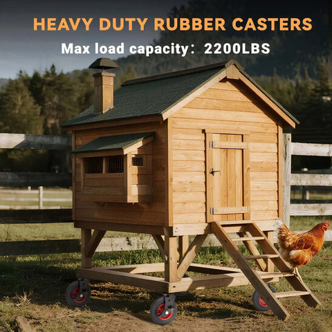 8 inch Heavy Duty Rubber Caster wheels set of 4 supporting a chicken coop on grass with a maximum load capacity of 2200 lbs.