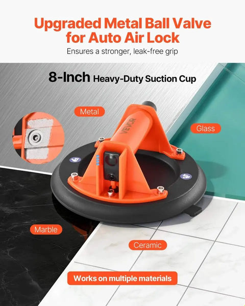 8-Inch Heavy-Duty Vacuum Suction Cup Lifter with ABS Handle, 400 lb Max Lift Capacity for Tile, Glass, Granite, Durable Rubber Pad