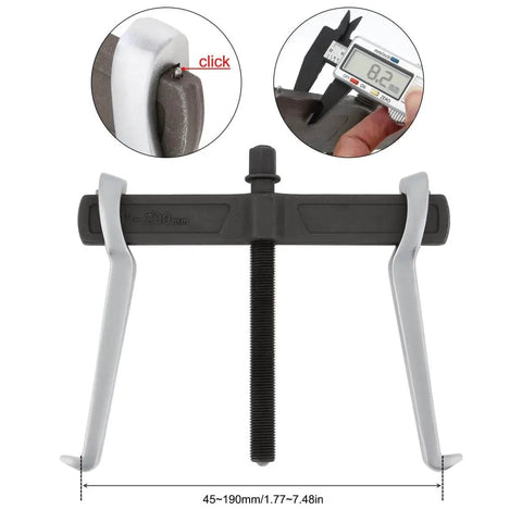 Heavy Duty 8 Inch Two Jaw Gear Puller with Reversible Claws for Internal and External Bearing and Pulley Removal, shown with measurements.