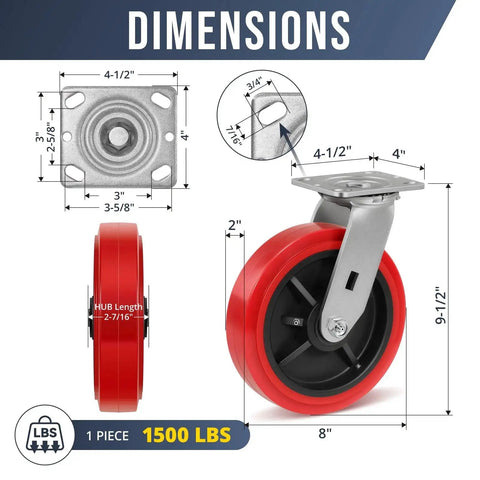 8 Inch Industrial Caster Set Of 4 With Polyurethane On Polypropylene Wheels, side and front view with dimensions.
