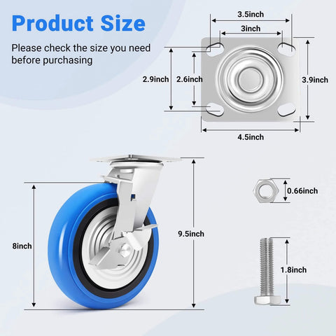 8 inch heavy duty caster wheels set of 4 rated 6000 lb total with smooth rolling design illustrated with size dimensions and bolts