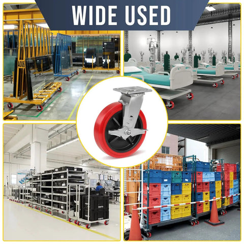 Collage showing 8 Inch Industrial Caster Set Of 4 With Polyurethane On Polypropylene Wheels, Heavy Duty Casters in various industrial uses