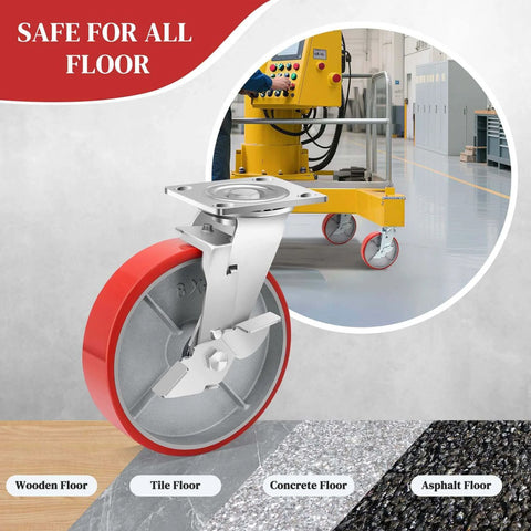8 inch heavy duty industrial locking casters set of 4 with polyurethane swivel plate design on various floor types