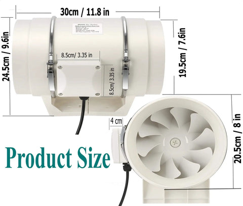 Beast 8 Inch Inline Duct Fan With 740 CFM High Flow Ventilation Exhaust Blower, dimensions and fan blade detail shown