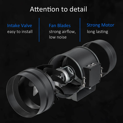 High Flow 8 Inch Inline Duct Fan With 831 CFM EC Motor And 10 Speed External Controller For Grow Tents Basements Attics And HVAC Boosters Ultra Quiet 50 dBA Ventilation Exhaust For Heating Cooling Circulation shown with focus on intake valve, fan blades, and strong motor.