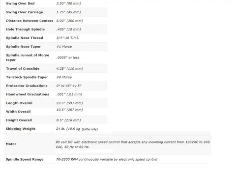 Specifications table for 8 Inch Lathe With The B Package For Precision Small Parts Turning 4000B Inch Version, showing technical details.