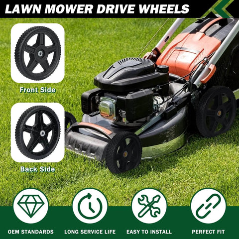 8 Inch Lawn Mower Wheels 2 Pack with Bolts and Lock Nuts installed on push mower, showing front and back side details on grass