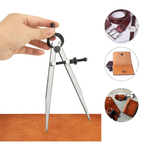 Hand holding 8 Inch Adjustable Leather Compass And 8 Inch Steel Ruler Drafting Set for leather work, woodworking, and metalworking.