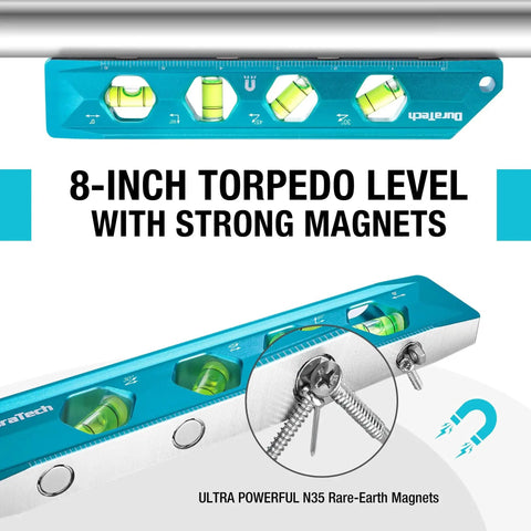 High Visibility 8 Inch Magnetic Torpedo Level With Four Bubbles 0 Degree 30 Degree 45 Degree And 90 Degree V Groove Large Viewing Window Aluminum Alloy Body Hanging Hole SAE And Metric Scale For DIYers And Home Projects Duratech