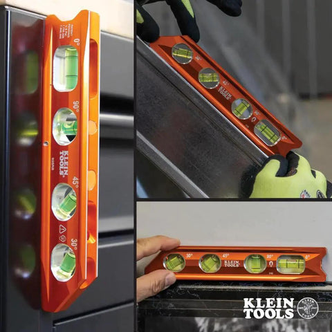 8 Inch Billet Magnetic Torpedo Level With V Groove For Precise 0 30 45 90 Degree Readings, orange body on metal surface.