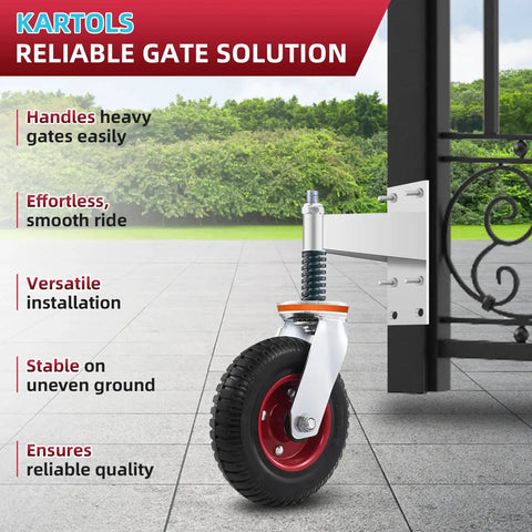 8 Inch Gate Wheel For Metal Tube Gates With 600Lb Capacity Heavy Duty Gate Caster Featuring 360 Degree Rotation And Spring Loaded Design Includes Screws And Screwdriver For Durable Fence Gate Mobility And Smooth Operation attached to gate post.