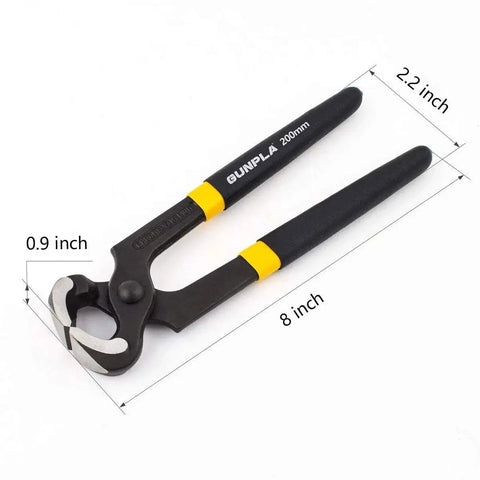 8 Inch Nail Puller And Pliers For Carpentry And DIY Tasks With 24 Millimeter Jaw Clearance And Sharp Knife And Anvil Edges For Flush Cuts Up To One Point Two Millimeter Ideal For Nail Pulling Wire Cutting And Flooring Installations, shown front view with dimensions. Black and yellow handles.