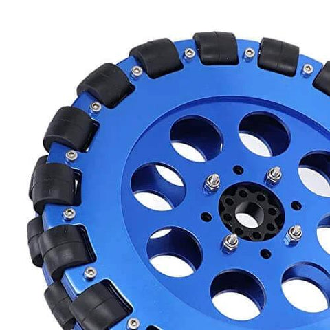 Close-up of 8 Inch Omni Wheel Omnidirectional Aluminium Alloy Hub Component with Silicone Rollers for DIY Robot Cars.