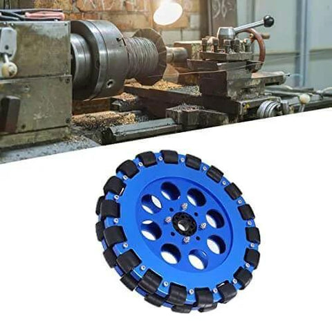 8 Inch Omni Wheel Omnidirectional Aluminium Alloy Hub Component, blue wheel on industrial background, with silicone rollers, UM5604-0014-0203