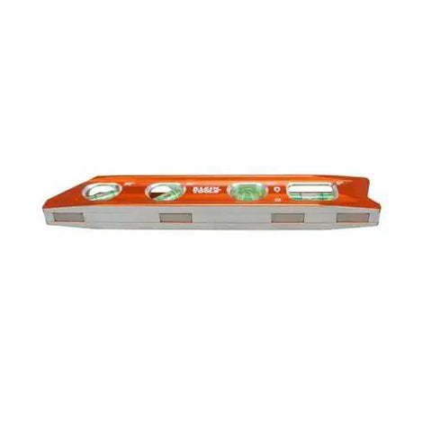 Front view of 8 Inch Billet Magnetic Torpedo Level With V Groove For Precise 0 30 45 90 Degree Readings Tapered Nose High Visibility Orange Body