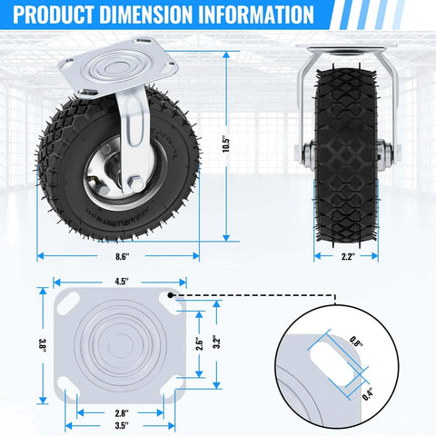 8 inch pneumatic caster wheels set of 4 with heavy duty rubber knobby tread dimension illustration