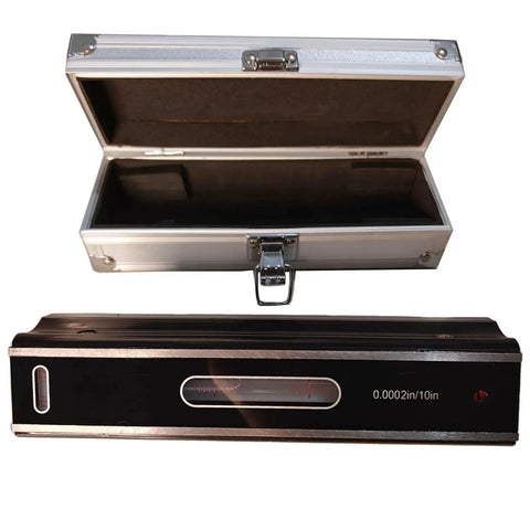 8 Inch Master Precision Box Level Pro Grade Carbon Steel Tool With 0.0002 Inch Per 10 Inch Accuracy, Large Bubble Vial shown with case.