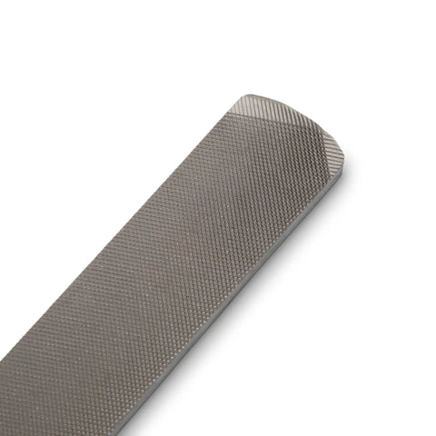 Close-up of an 8 Inch Rectangular Axe File With Double Cut Roughing Side And Single Cut Finishing Edge For Fast Sharpening Of Axes And Garden Tools