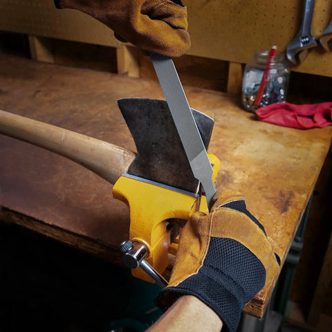 Using 8 Inch Rectangular Axe File With Double Cut Roughing Side And Single Cut Finishing Edge For Fast Sharpening Of Axes