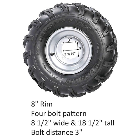 Go kart tire with 8" rim and four-bolt pattern, dimensions 8.5" wide and 18.5" tall, for 1" Steel Live Axle with 18x9.5-8 Tubeless Wheels Tires