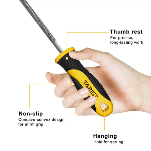 Hand holding 8 inch round metal file crafted from T12 carbon steel with 62-66 HRC, non-slip grip, thumb rest, deeply quenched